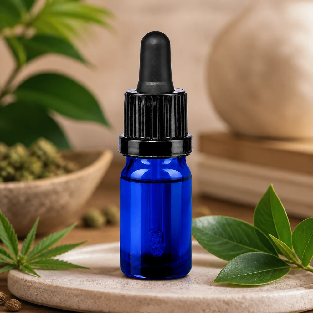 Pequeño frasco pipeta de 5 ml de vidrio azul con práctico tapón cuentagotas OV BlueLine UT18/5