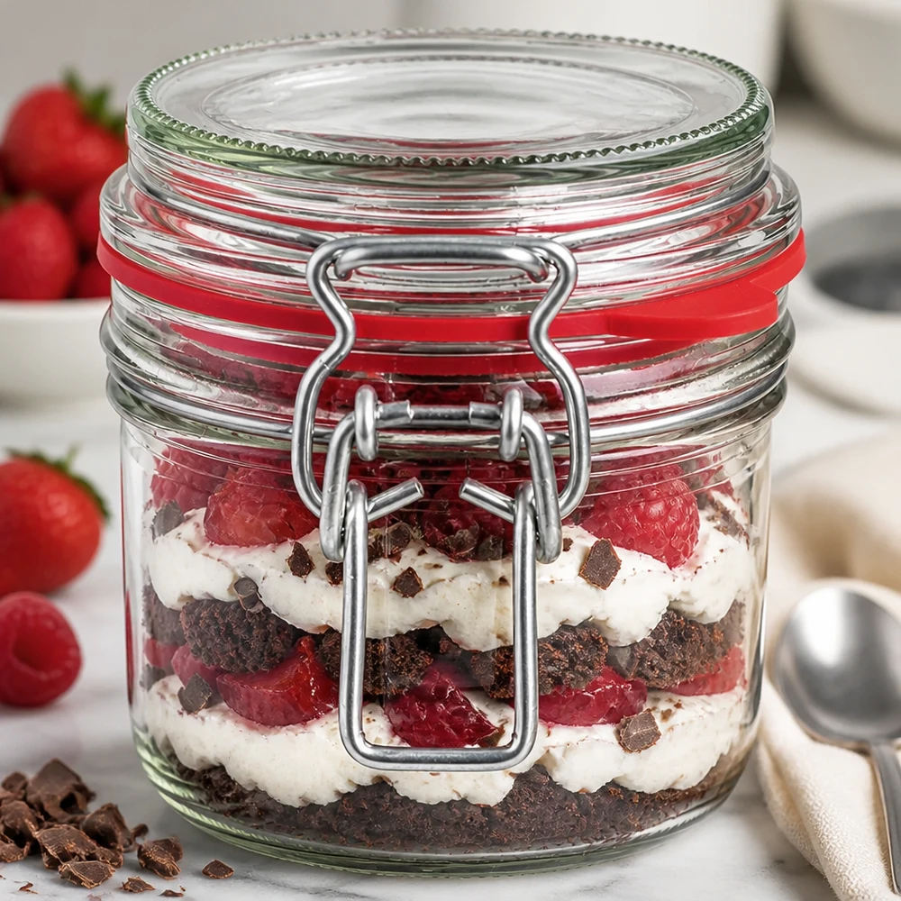 Tarro de cristal de 255 ml, tipo G, con cierre de clip UN... 255ml Bügelverschluss-Glas mit geschichtetem Erdbeer-Schoko-Dessert, perfekt für Trifle und süße Leckereien