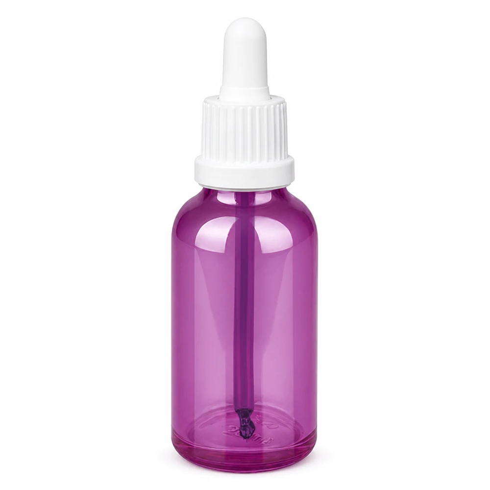 Frasco pipeta de 30 ml violeta transparente con tapón blanco para una dosificación precisa