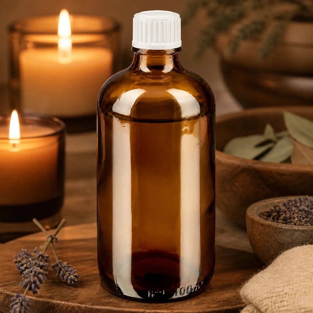 Frasco de cristal de 100 ml de color ámbar con tapón dosificador blanco, ideal para aromaterapia y cosmética natural
