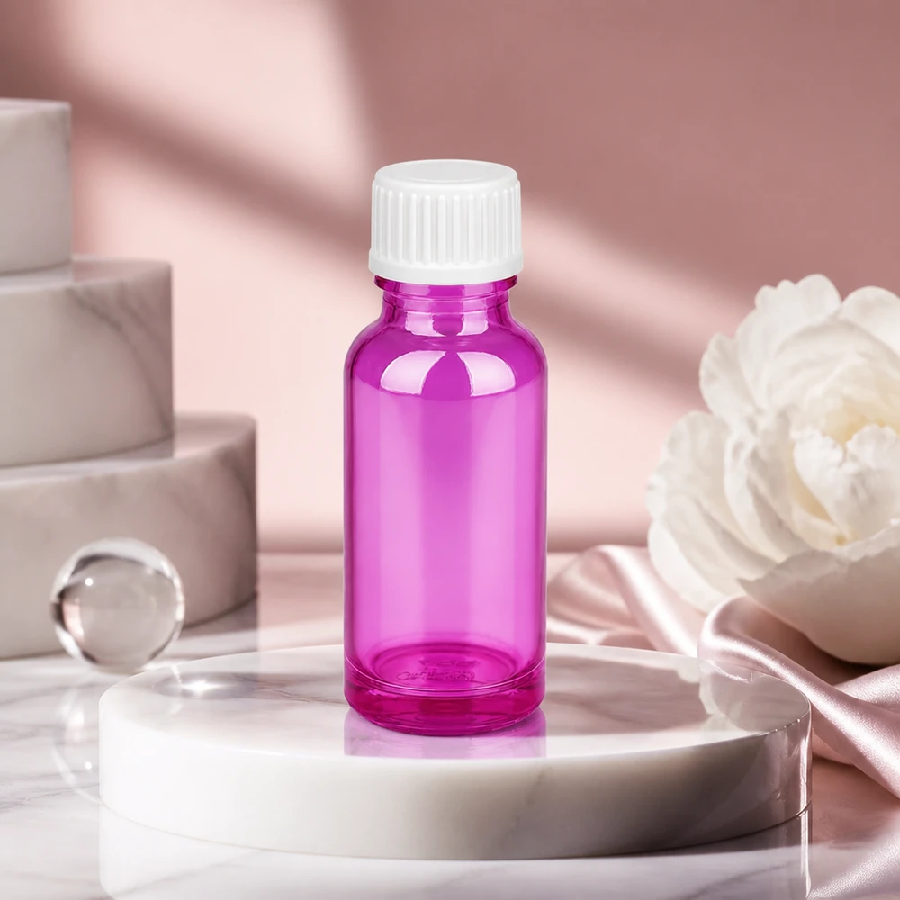 Pequeño frasco cuentagotas de 20 ml de color morado brillante con tapón de rosca blanco para uso diario