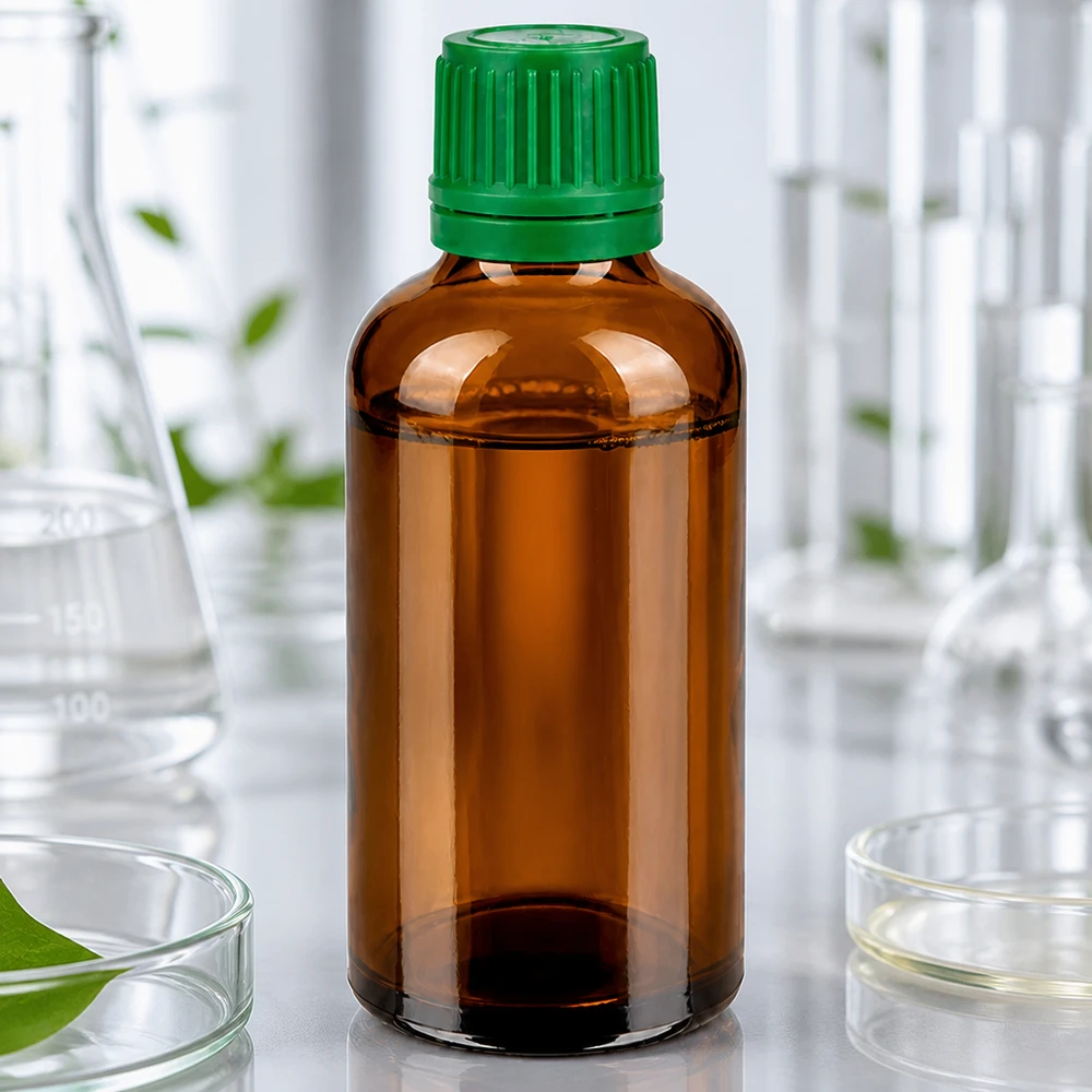 Botella 50ml tapón rosca 11mm verde BrownLine UT18/50 Frasco de laboratorio profesional de 50 ml de vidrio ámbar con tapón verde a prueba de niños
