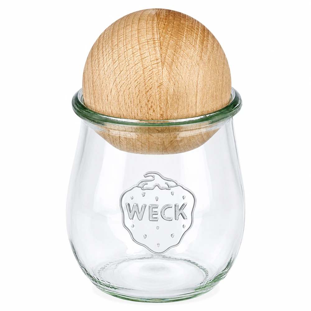 Tarro tulipa 220ml WECK RR60 con bola de madera haya WECK tarro tulipán 220ml RR60 con tapa de bola de haya natural, tarro de conserva transparente con tapa de madera