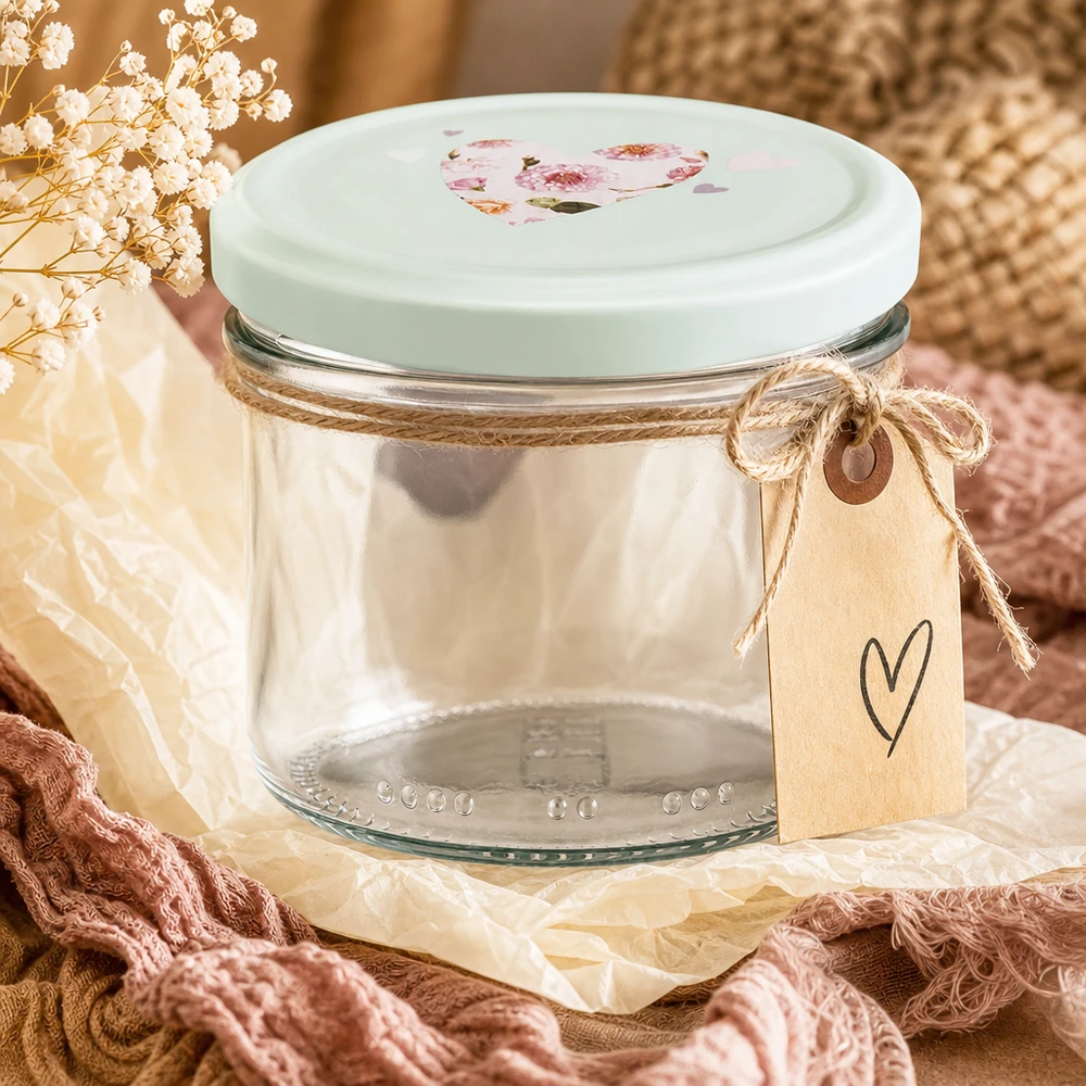 230ml tarro cilíndrico + tapa BasicSeal corazón menta 230ml Zylinderglas mit mint Herzdeckel romantisch dekoriert mit Juteband Geschenkanhänger und Trockenblumen