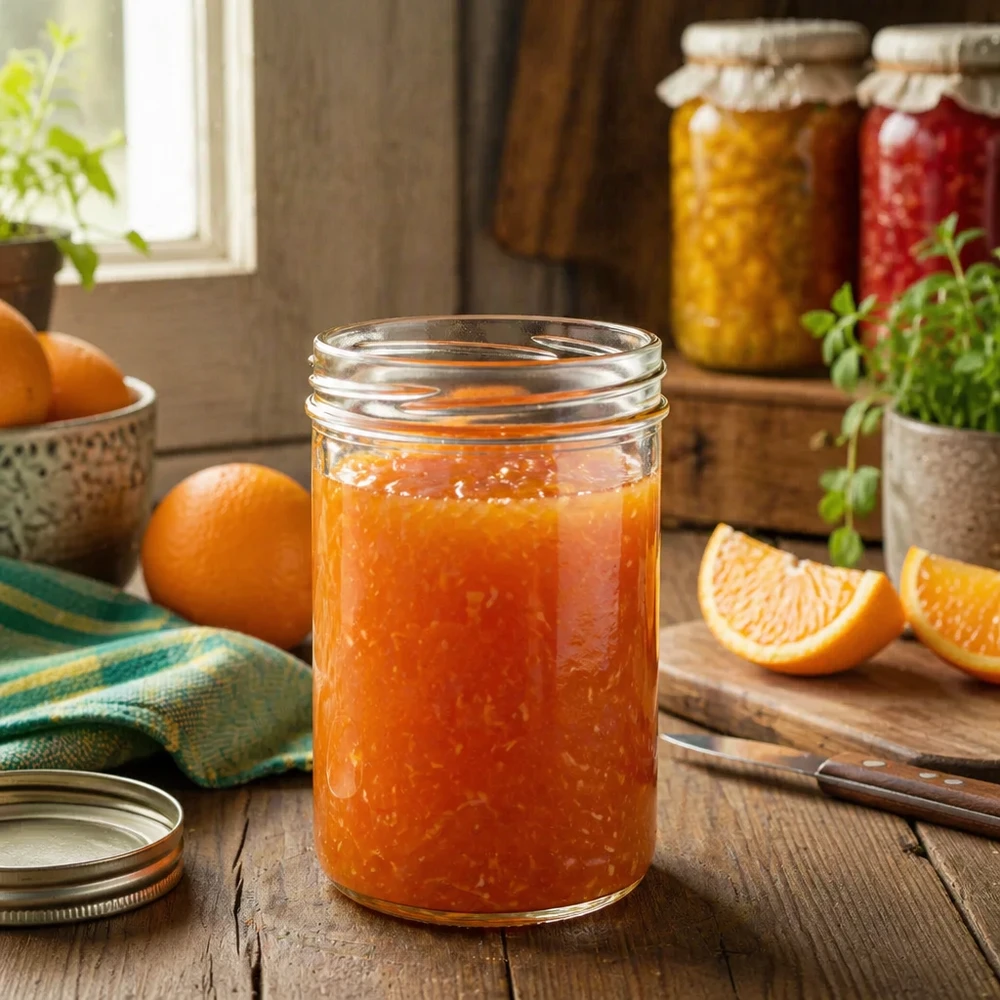 Vasos de 435ml sin tapa (TO82) UNiTWIST UNiTWIST Sturz435 tarro de conserva 435ml lleno de mermelada de naranja casera en cocina rústica con naranjas frescas