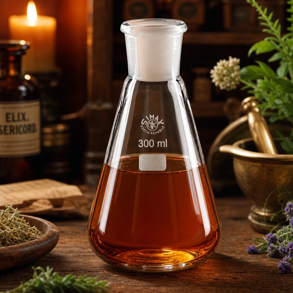 Matraz Erlenmeyer 300ml con líquido rojo anaranjado y junta esmerilada estándar 29/32 en un rústico laboratorio