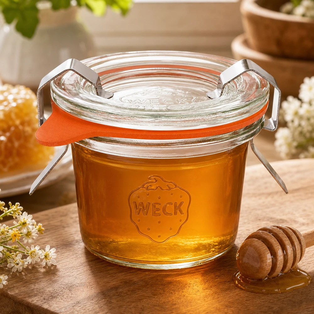 Vaso de 35ml completo WECK RR40 WECK Sturzglas 35ml RR40 mit goldenem Honig gefüllt neben Honiglöffel und Waben zeigt natürliche Lagerung