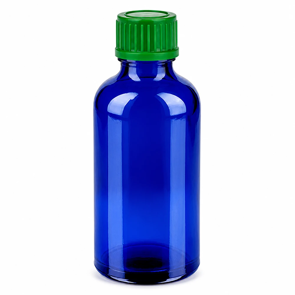 Frasco 50ml 11mm tapón rosca verde estándar BlueLine UT18/50 Frasco de cristal azul de 50 ml con tapón de rosca verde para aceites esenciales y cosméticos