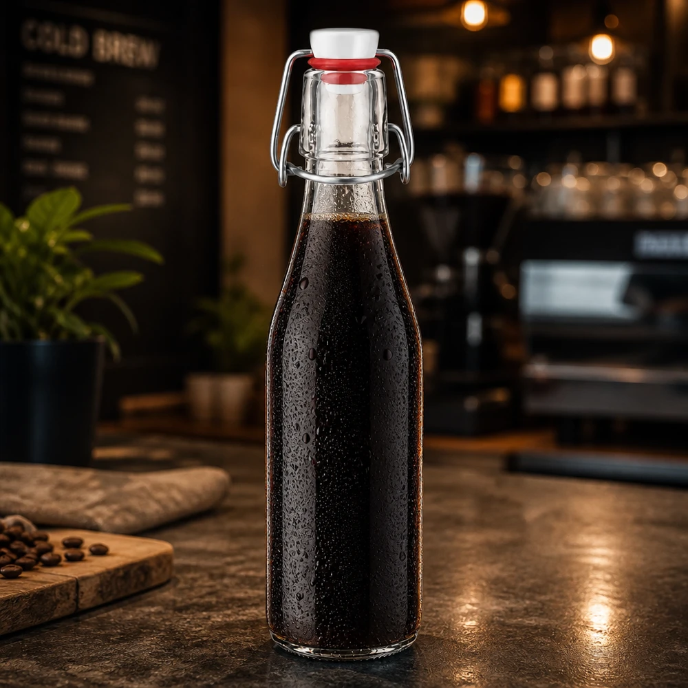 Botella de vidrio de 250 ml + tapa abatible de PVC UNiTWIST 250ml Glasflasche mit dunklem Getränk gefüllt, Bügelverschluss PVC UNiTWIST, stilvolle Küchendeko auf Holztisch