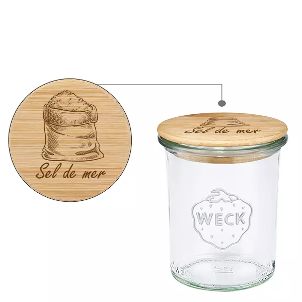 Couvercle en bois "Sel de mer" avec WECK verre plongeant 160 Couvercle en bois "Sel de mer" avec WECK verre plongeant 160