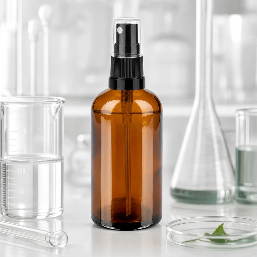 Botella pulverizadora de 100 ml de alta calidad fabricada en vidrio ámbar con protección UV para líquidos delicados