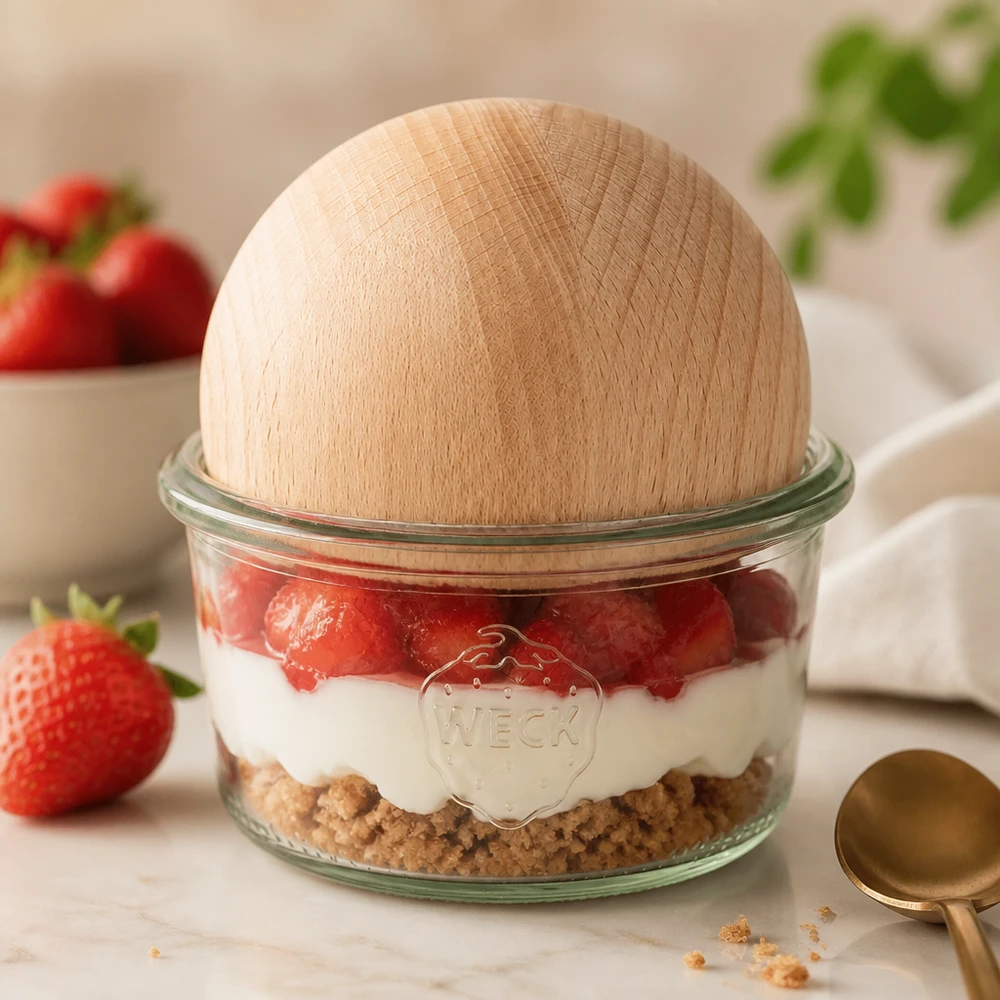 Vasos WECK RR80 de 165 ml con bola de madera de haya WECK RR80 Vaso de 165 ml con bola de madera de haya como tarro de postre para postre de capas de fresas sobre plato de mármol