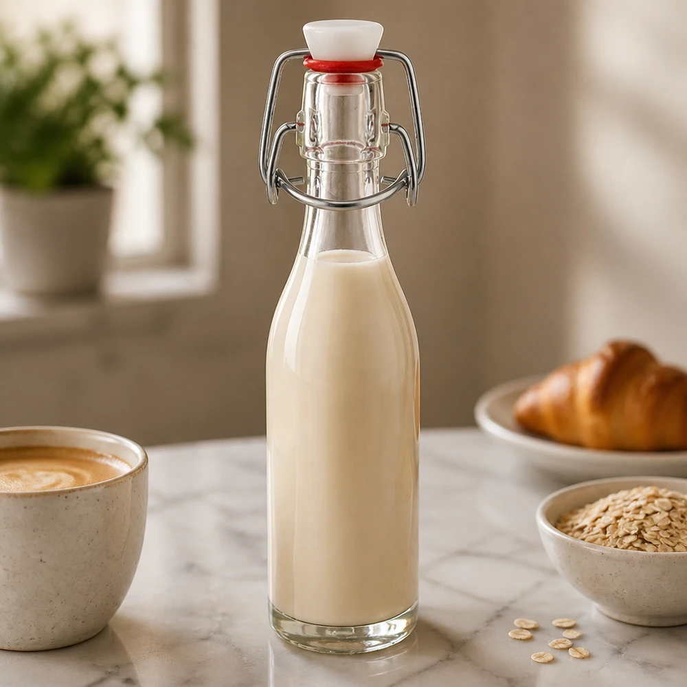 Botella de vidrio de 50 ml + tapa abatible de PVC UNiTWIST Botella de cristal de 50 ml con tapón oscilante llena de leche de avena en una acogedora cocina junto a una taza de café y copos de avena.