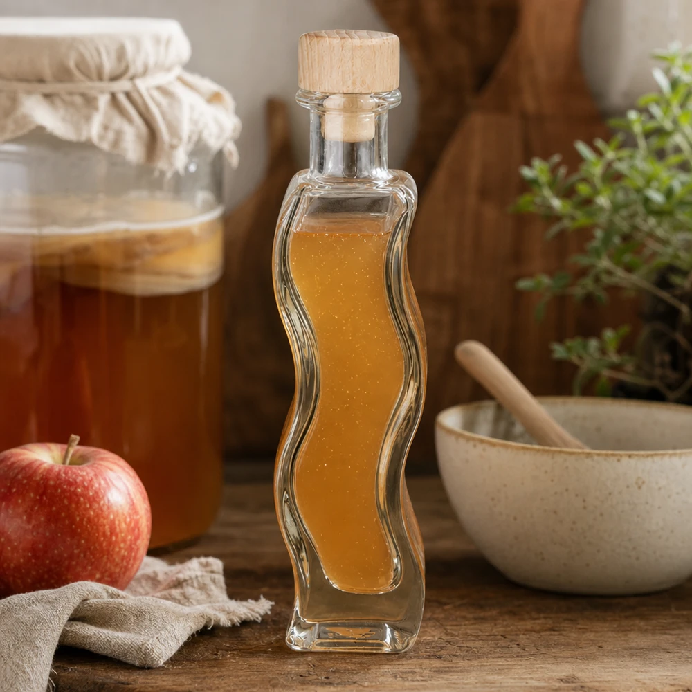 Botella de vidrio de 100 ml «Melissa» con tapón de corcho con asa de madera UNiTWIST® 100ml Glasflasche Melissa mit Apfelessig befüllt neben rotem Apfel Mörser Küchenszenerie Holzkorken natürlich