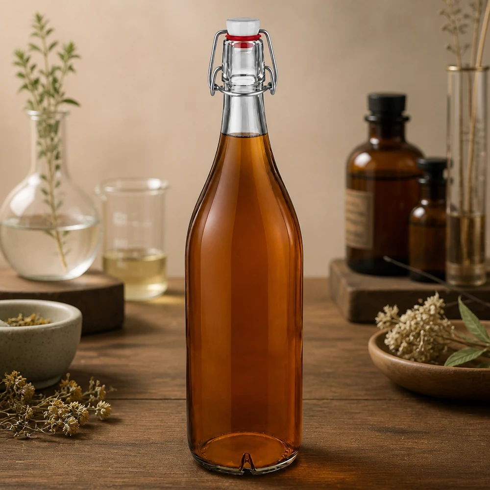 1000ml botella de vidrio tapa abatible PVC color ámbar llena de té de hierbas decoración natural mesa de madera
