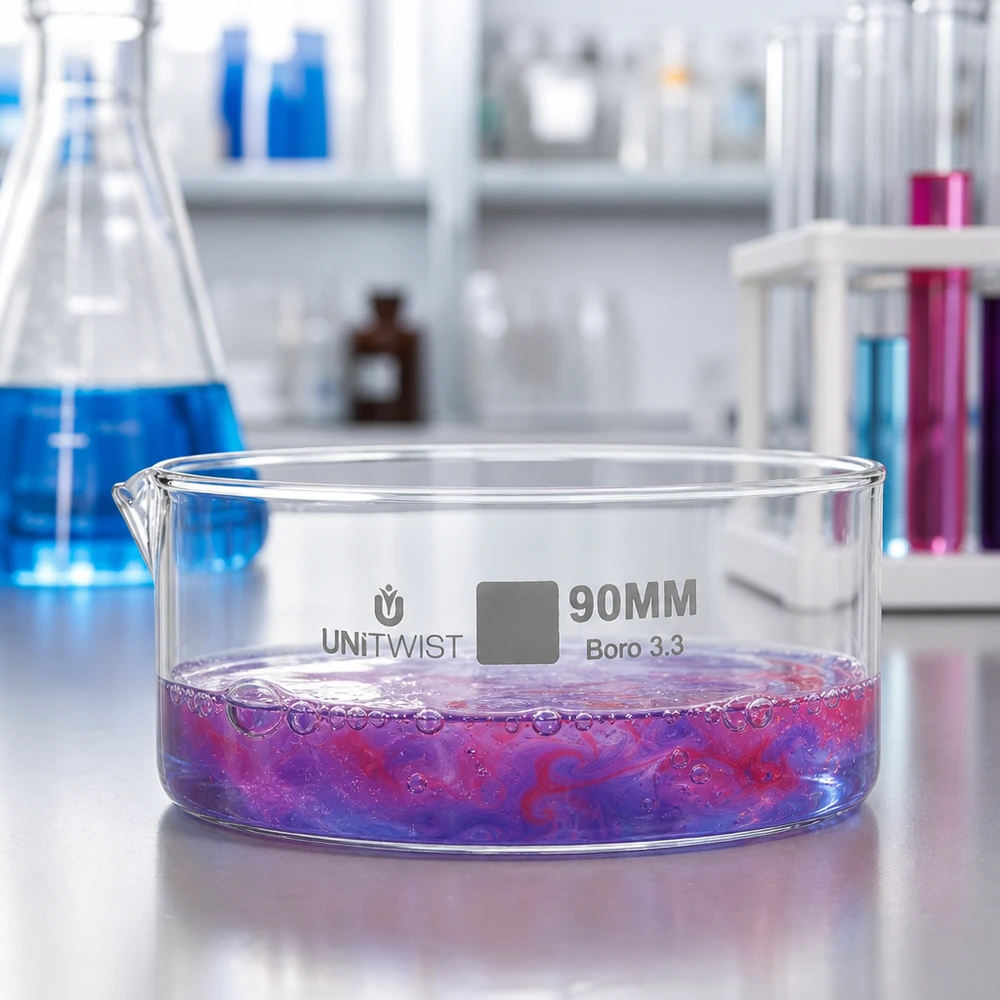Bandeja de cristalización de 90 mm UNiTWIST con líquido de color rojo violáceo, de vidrio borosilicato, para experimentos de laboratorio