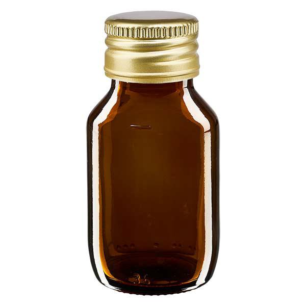 Frasco para medicamentos de 50 ml, marrón, con tapón de aluminio dorado ApoGlas Frasco para medicamentos de 50 ml, marrón, con tapón de aluminio dorado ApoGlas