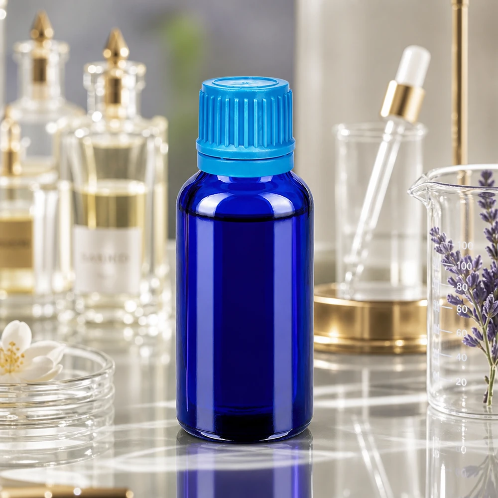 Botella 30ml tapón rosca 11mm azul cierre inviolable BlueLine UT18/30 Robusto frasco de vidrio de 30 ml con tapón de rosca a prueba de fugas para un almacenamiento seguro