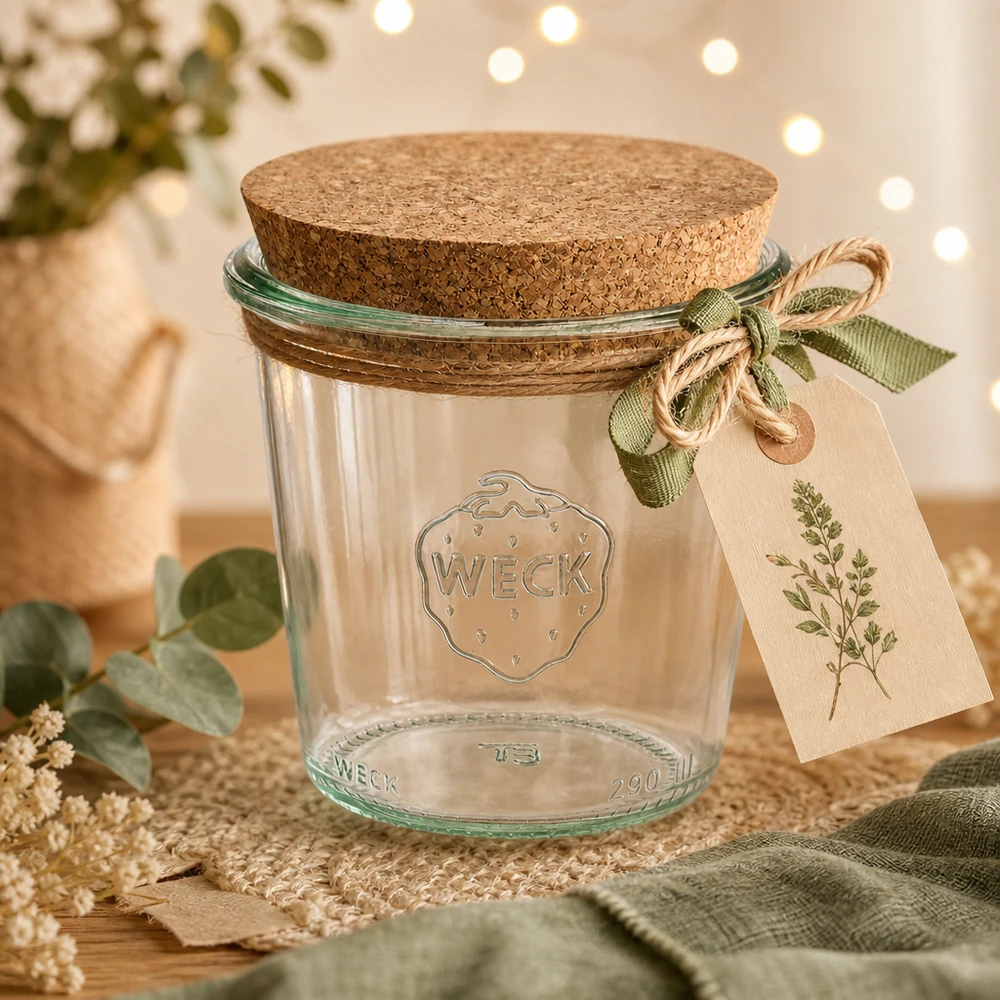 Vasos WECK 290ml RR80 decorados con etiqueta de regalo con tapa de corcho y cinta verde sobre mesa de madera