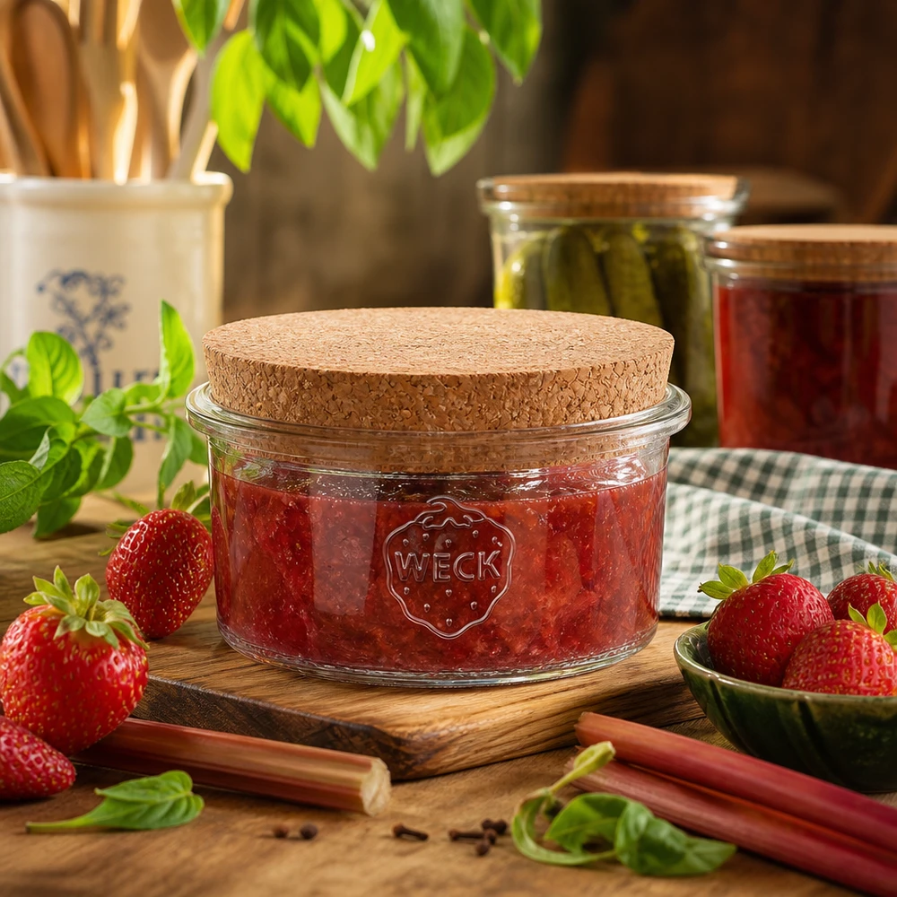 Vaso 165ml WECK RR80 con corcho natural Tarro de conservas WECK 165ml RR80 lleno de mermelada de fresa Tapa de corcho Ajuar de cocina Tarro de almacenaje
