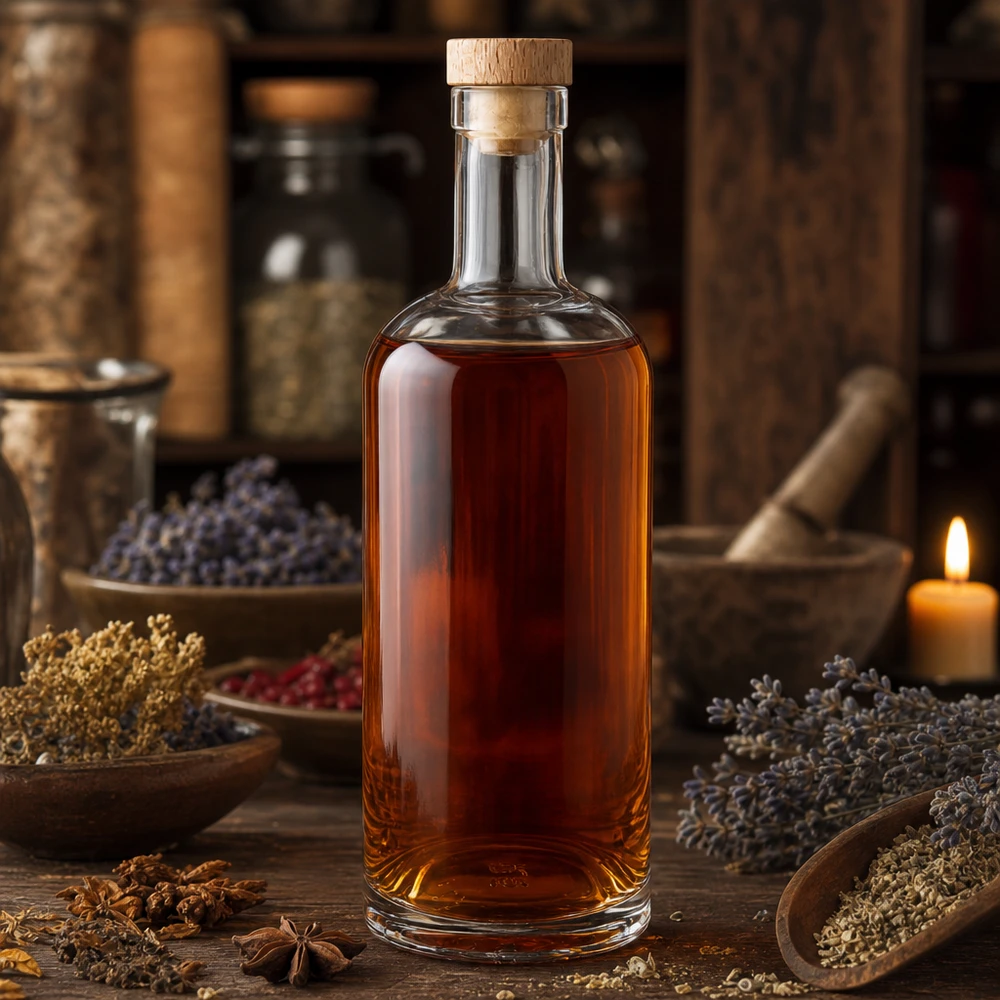 Botella de cristal de 750 ml Emma con tapón de madera llena de líquido de color ámbar en un ambiente rústico de hierbas y especias