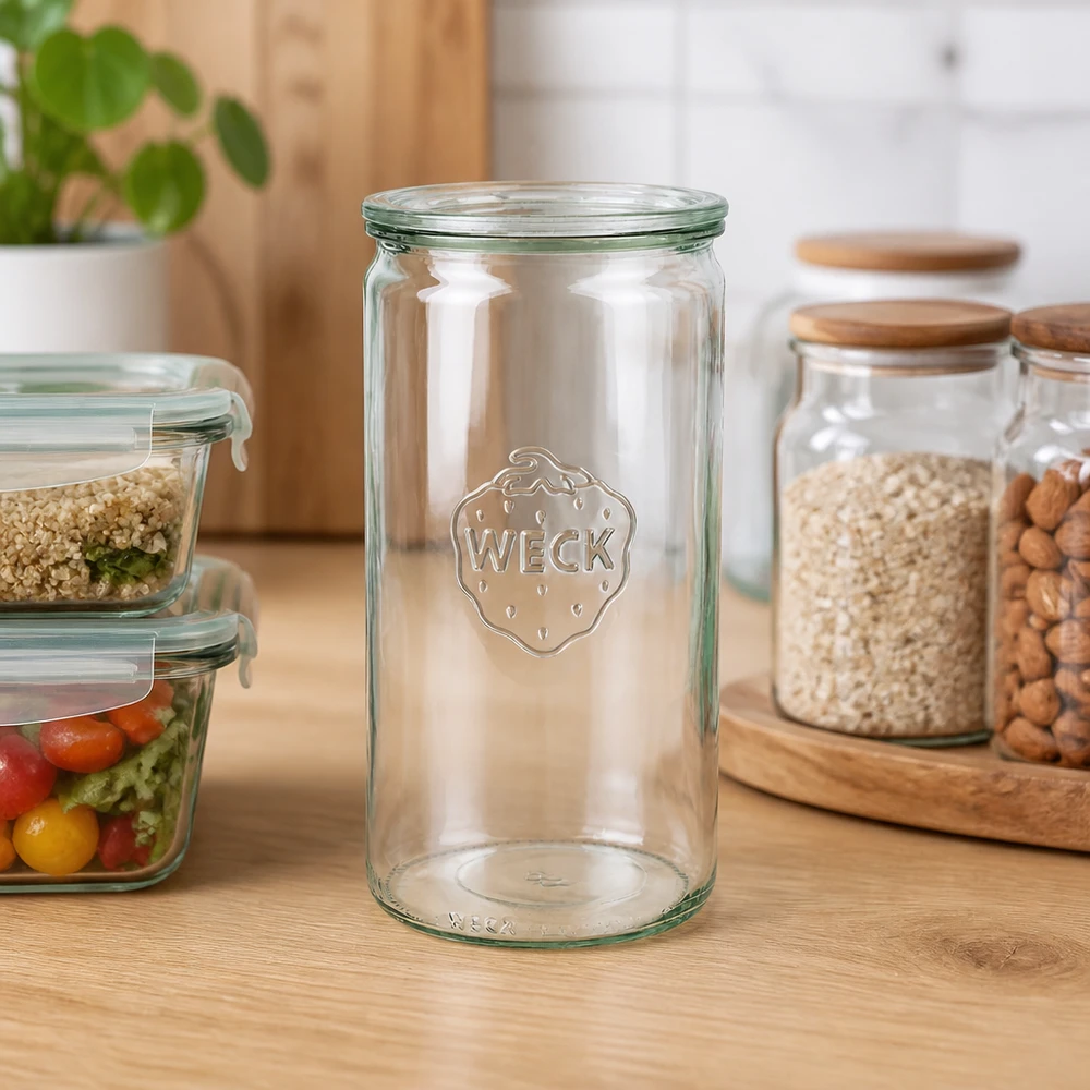 Tarro cilíndrico de 1590ml con tapa de cristal WECK RR100 WECK tarro cilíndrico 1590ml RR100 vacío sobre encimera de madera en cocina moderna con tarros de almacenaje y planta