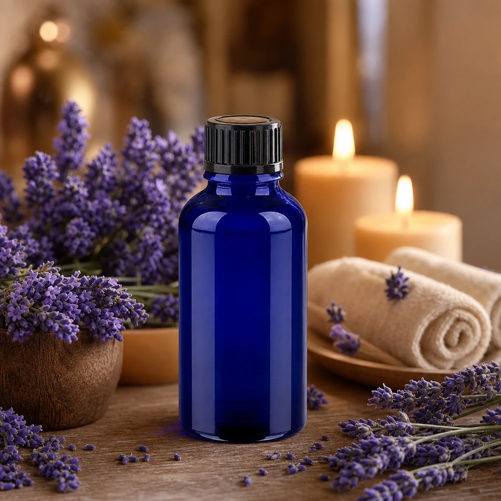 Frasco 30ml 11mm tapón rosca negro estándar BlueLine UT18/30 Frasco de aromaterapia de 30 ml de vidrio cobalto con tapón antigoteo para aceite de lavanda y bienestar