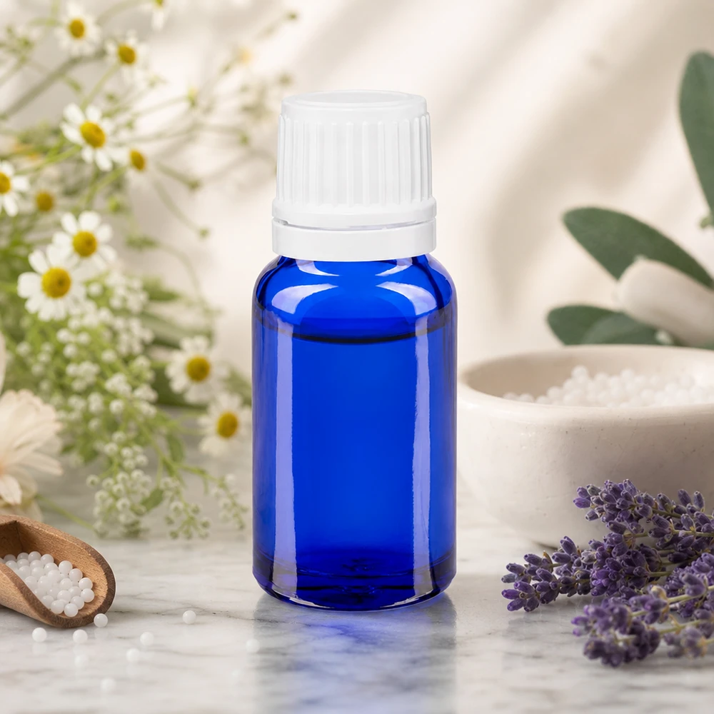 Botella de farmacia azul 10ml tapón rosca cierre inviolable blanco Frasco de cristal azul de 10 ml con tapón de rosca blanco, junto a lavanda, manzanilla y sal