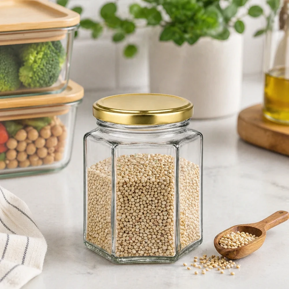 Tarro de miel hexagonal de 250 g con tapa dorada lleno de semillas en una cocina moderna como recipiente de almacenamiento
