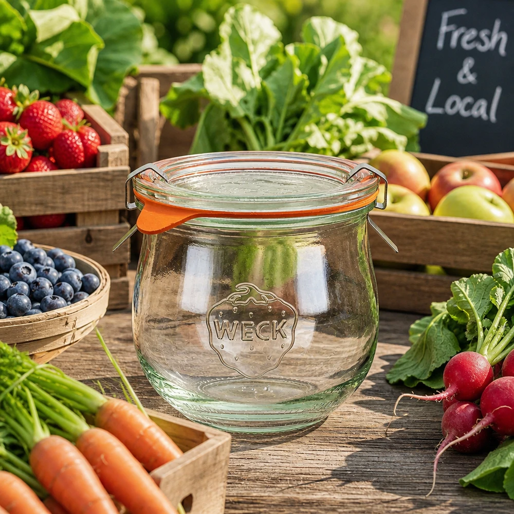 Jarra tulipán 370ml completa WECK RR80 Tarro tulipán WECK 370ml RR80 en puesto de mercado con frutas y verduras frescas y cartel Local Fresh para productos regionales