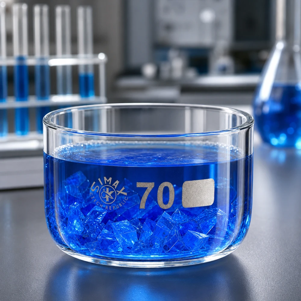 Cristalizador 100ml sin pico borosilicato ø70mm Bandeja de cristalización Simax de 70 mm de diámetro con solución azul de sulfato de cobre y cristales en el laboratorio