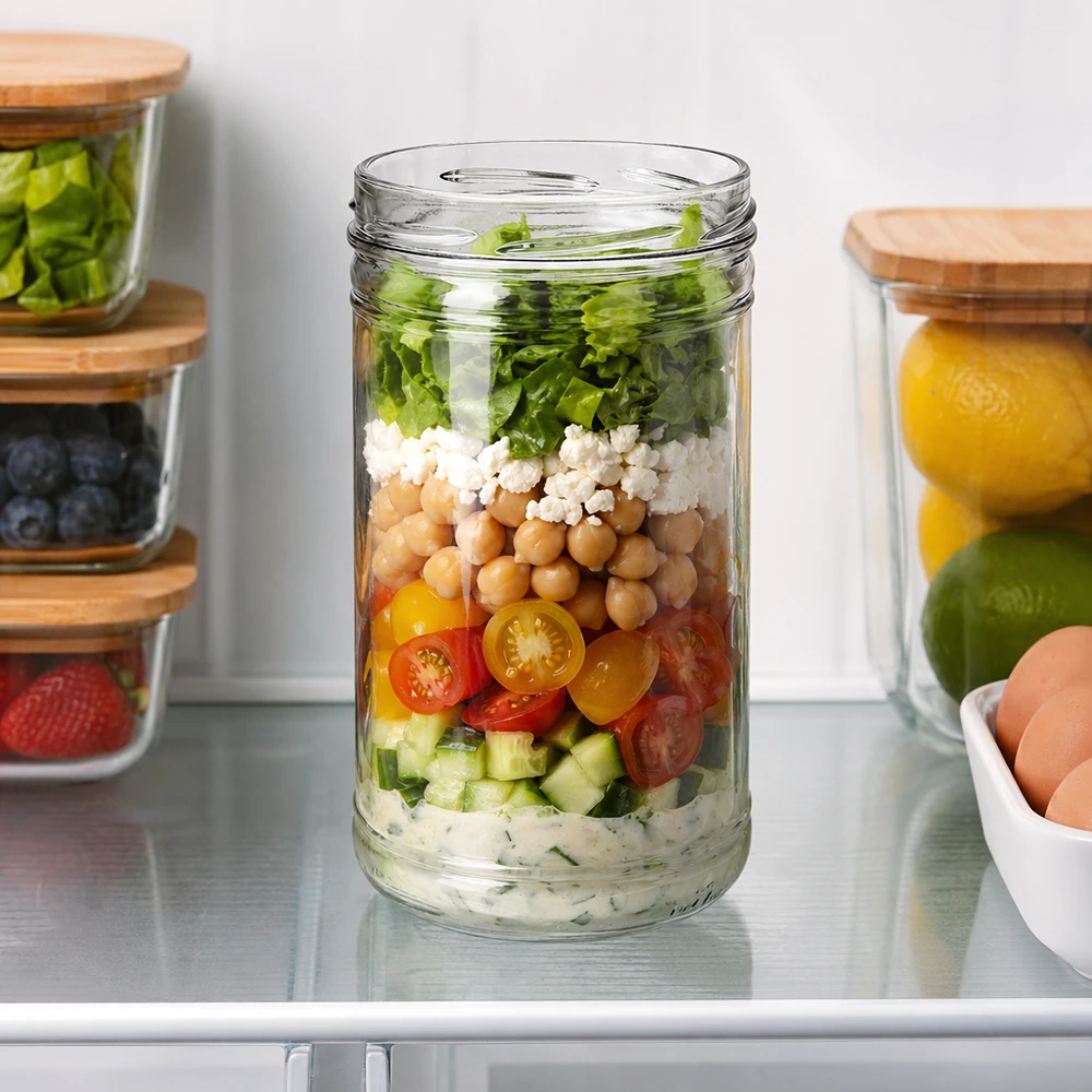 Vaso UNiTWIST 1053ml TO100 como tarro de preparación de comidas con ensalada de capas garbanzos feta tomates en la nevera