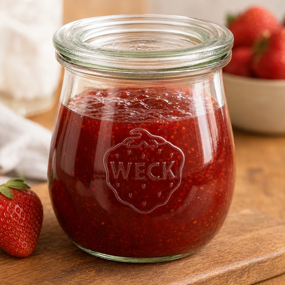 Tarro de cristal con forma de tulipa de 220 ml con tapa de cristal WECK RR60 Tarro tulipán WECK 220ml lleno de mermelada de fresa sobre una tabla de madera con fresas frescas al fondo