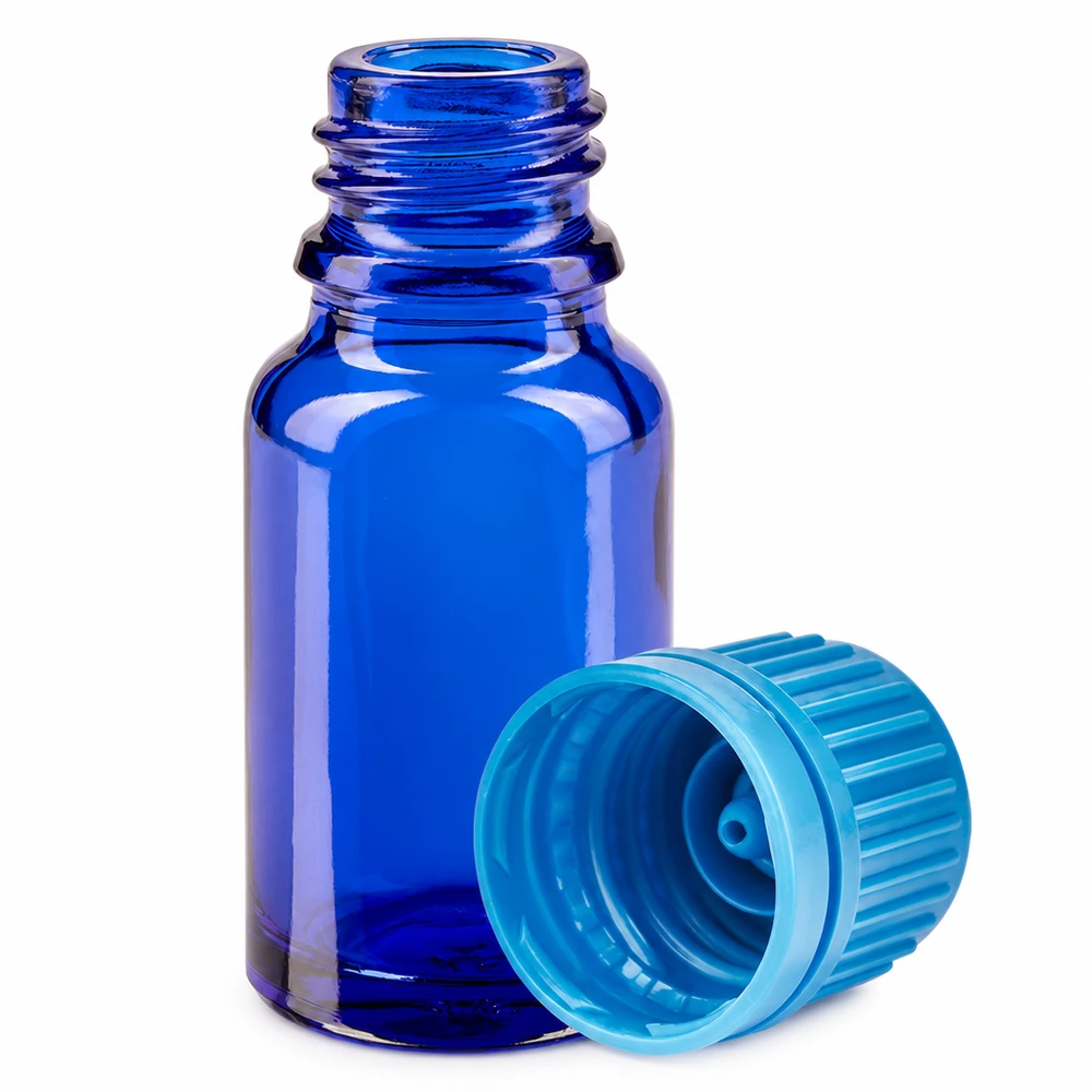 Frasco 10ml 11mm tapón rosca azul precinto BlueLine UT18/10 Frasco de 10 ml de vidrio azul cobalto con tapón de rosca turquesa claro para aromaterapia