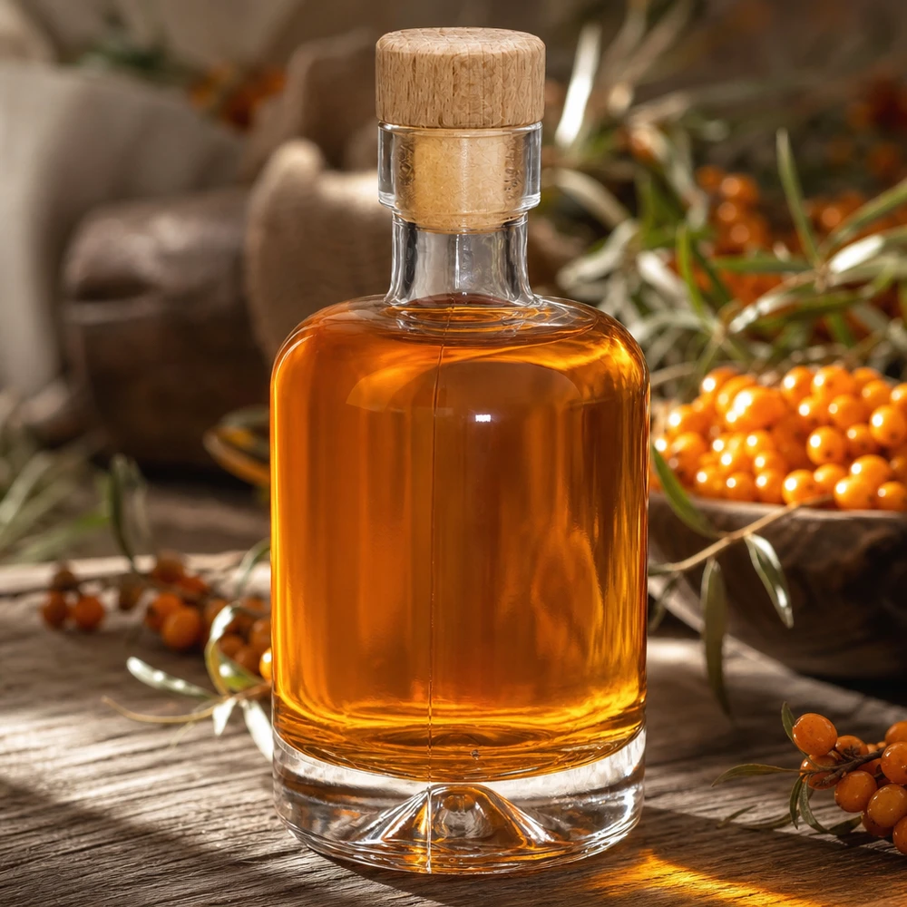 Botella de vidrio de 50 ml «Amelie» con tapón de corcho con asa de madera UNiTWIST Botella de cristal de 50 ml Amelie rellena de aceite de espino amarillo entre bayas de espino amarillo de color naranja decoradas de forma natural
