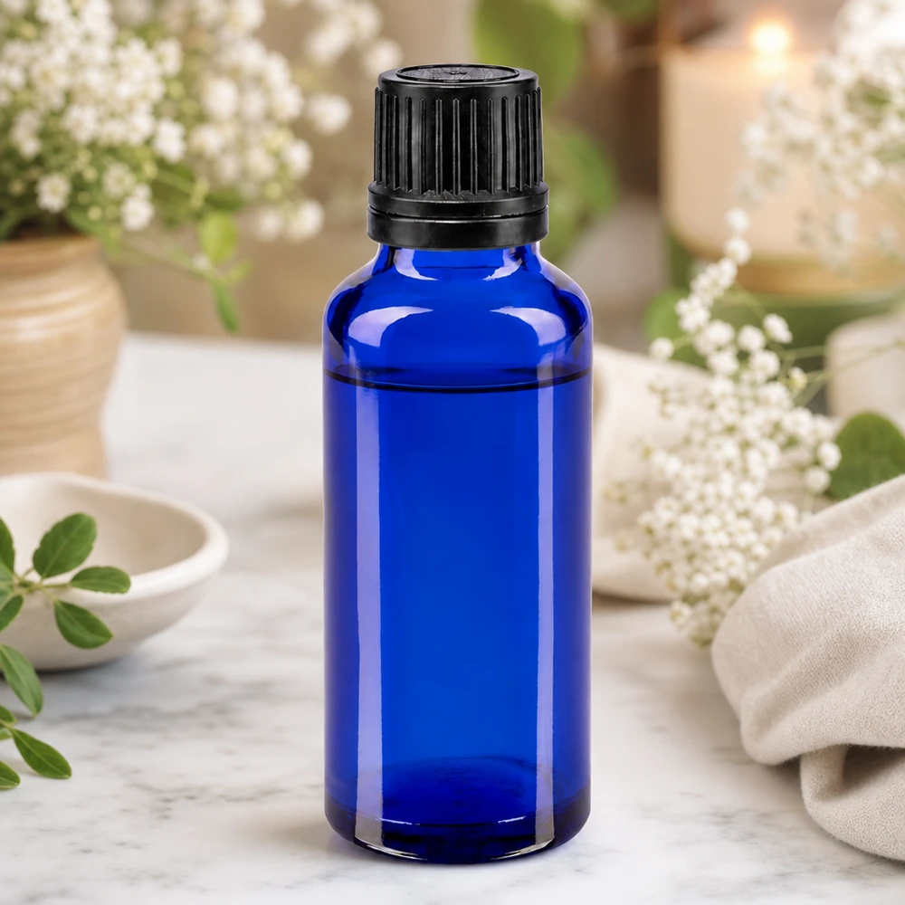 Pequeño frasco de farmacia azul de 30 ml con tapón de rosca negro para aceites esenciales