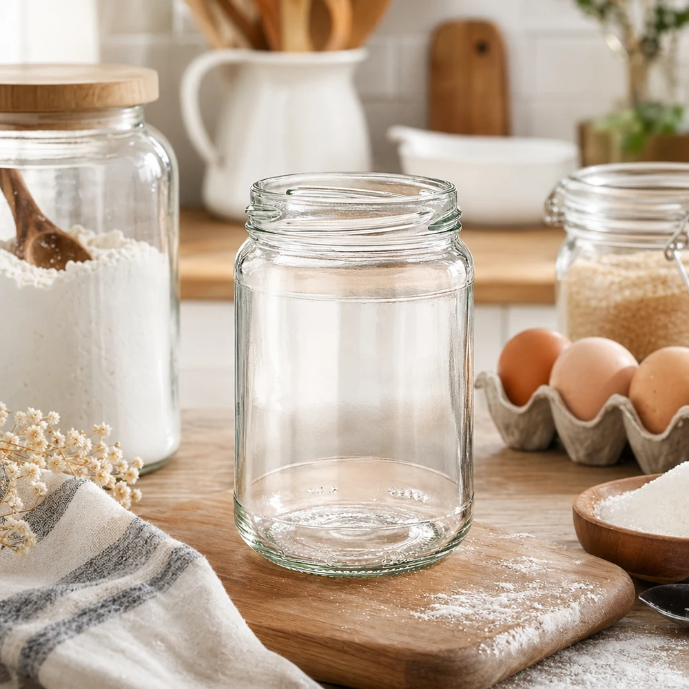 UNiTWIST Runda305 vaso redondo 305ml TO63 vacío sobre tabla de madera en cocina moderna con huevos y harina