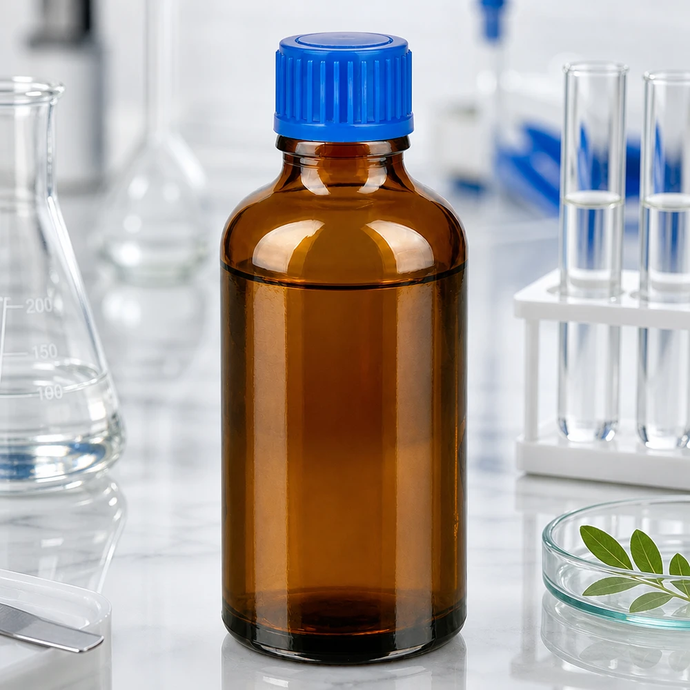 Frasco pequeño de laboratorio de 50 ml de vidrio ámbar con tapón de rosca azul para muestras