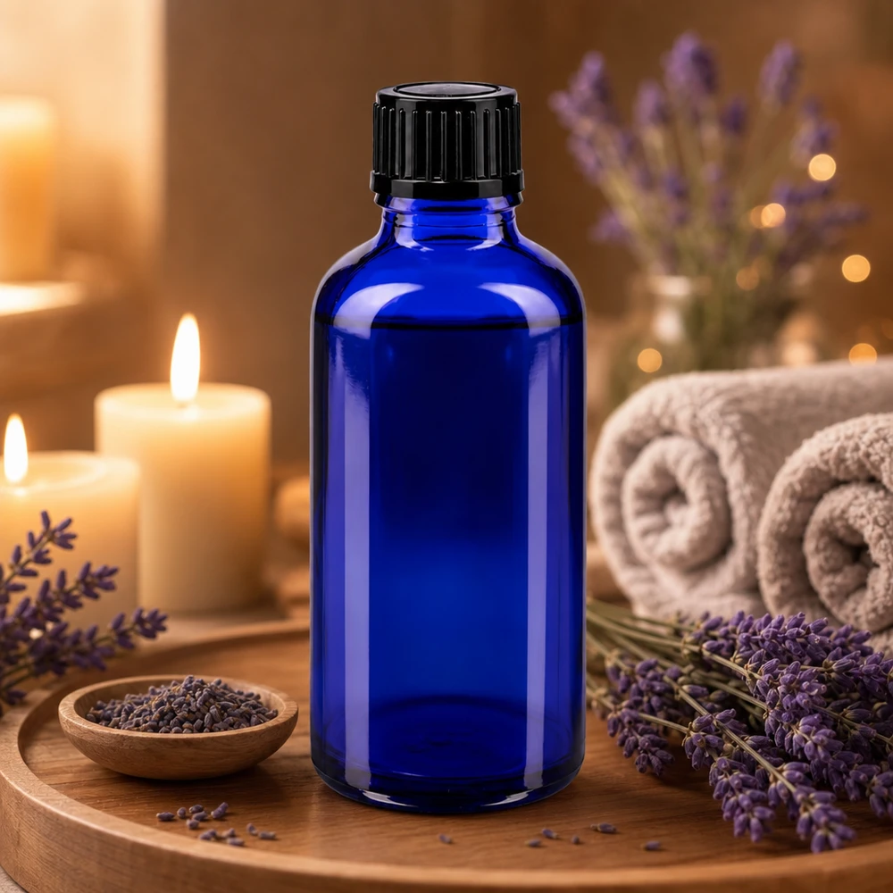 Frasco cuentagotas azul de 50 ml con tapón de rosca negro, sobre una bandeja de madera decorada con lavanda