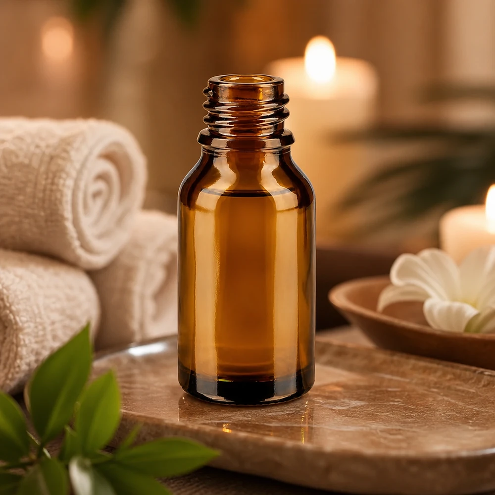 Frasco cuentagotas 15 ml DIN 18 vidrio ámbar Frasco de farmacia marrón ApoGlas de 15 ml a la cálida luz de las velas con toallas blancas y hojas verdes decoración Wellness