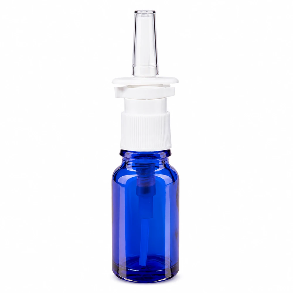 Botella de farmacia azul 10ml spray nasal blanco estándar Frasco de cristal azul de farmacia de 10 ml con aplicador nasal blanco y boquilla transparente