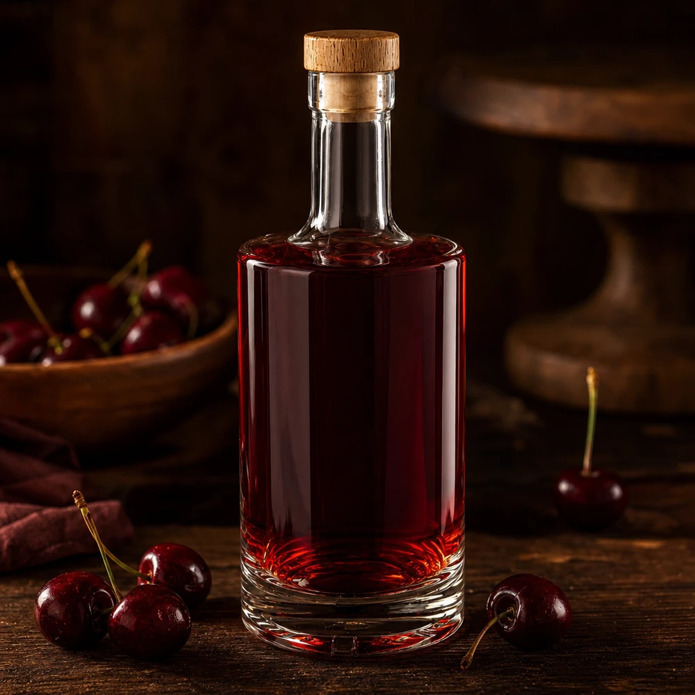 Botella de vidrio de 500 ml «Nora» con tapón de corcho con asa de madera UNiTWIST® Botella de cristal de 500 ml Nora rellena de licor de cereza corcho de madera rojo oscuro UNiTWIST cerezas frescas mesa de madera rústica