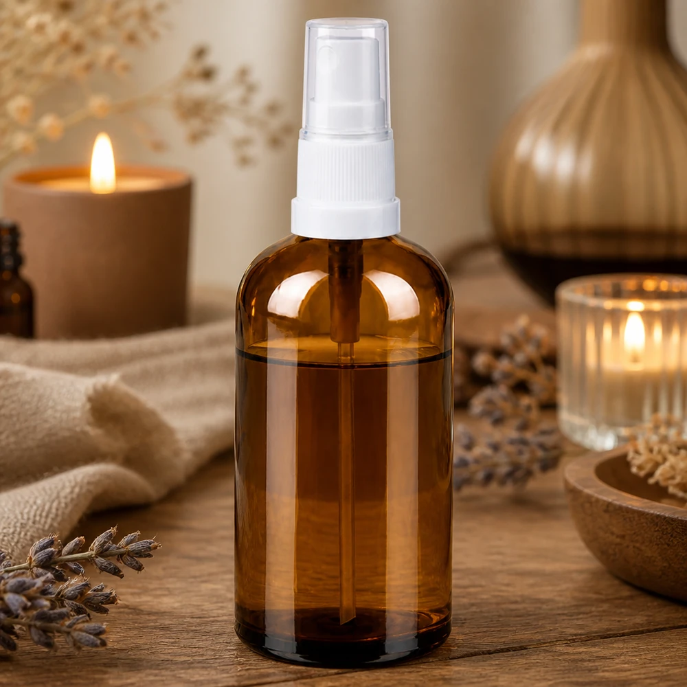 Frasco pulverizador 100ml blanco/transparente tapón estándar BrownLine UT18/100 Botella pulverizadora compacta de cristal ámbar de 100 ml con mecanismo de bombeo blanco para dosificar líquidos con precisión