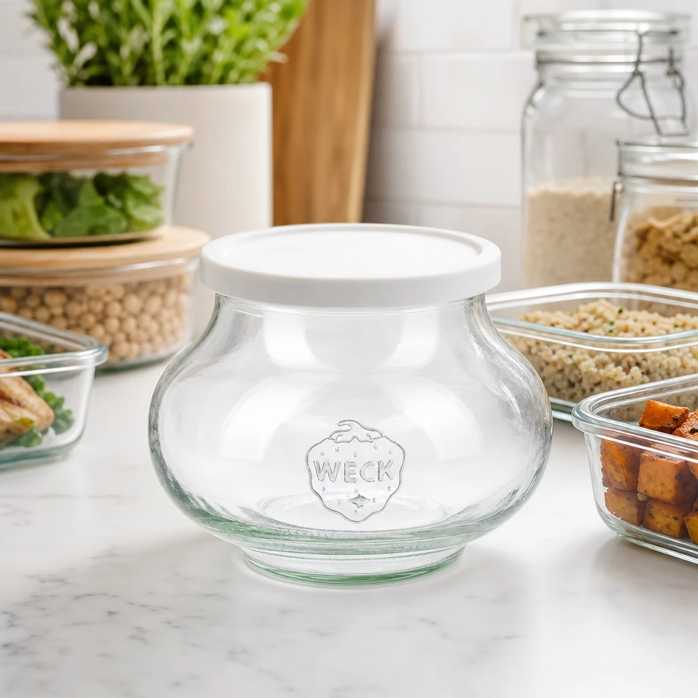 Frasco decorativo de 560 ml con tapa hermética WECK RR80 WECK Vorratsglas 560ml RR80 in moderner Küche zwischen Meal-Prep Behältern und Gewürzgläsern für stylische Aufbewahrung