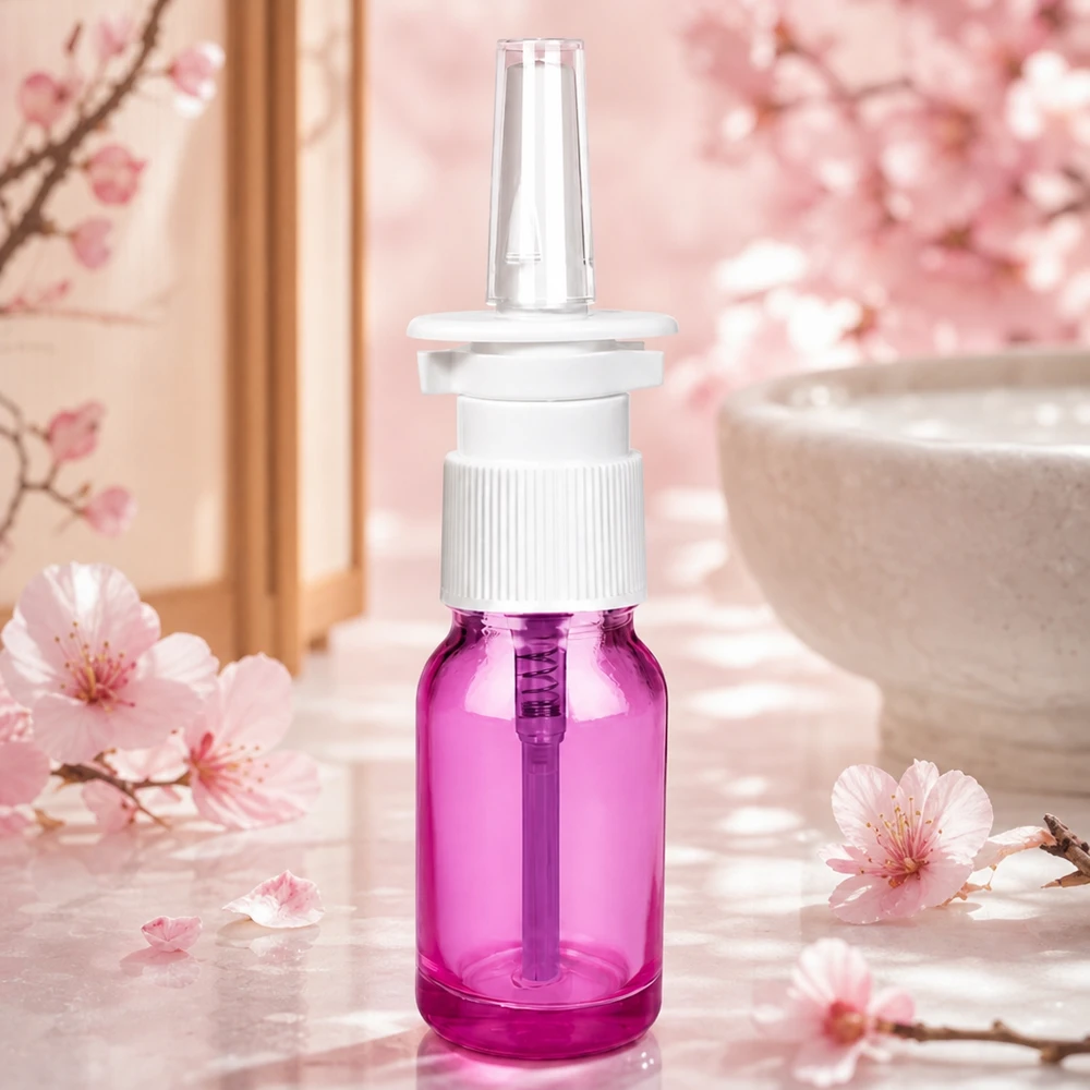 Frasco pulverizador nasal de 10 ml blanco/transparente estándar PurpleLine. UT18/10 Pulverizador nasal compacto de 10 ml con rosca STD UT18/10 de vidrio violeta para una dosificación precisa