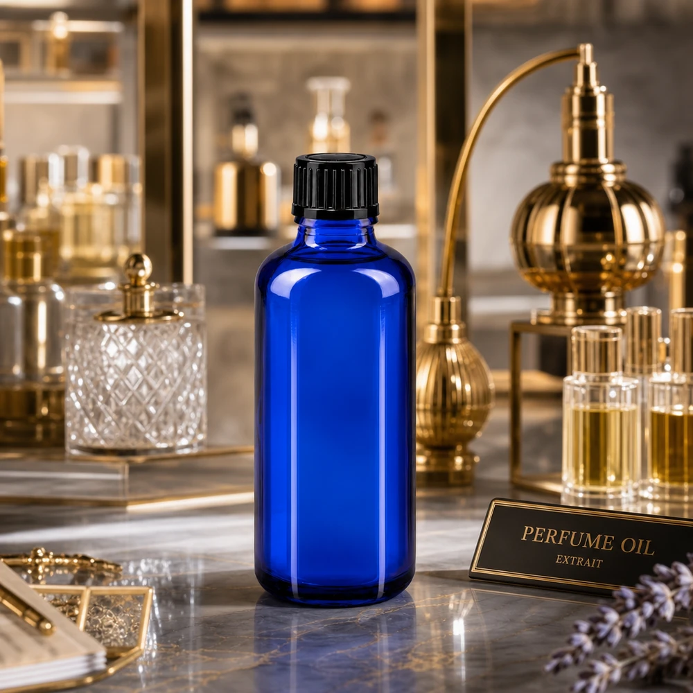 Frasco cuentagotas STD azul de 50 ml, de cristal de farmacia, con tapón negro, para aceite de perfume «Extrait»