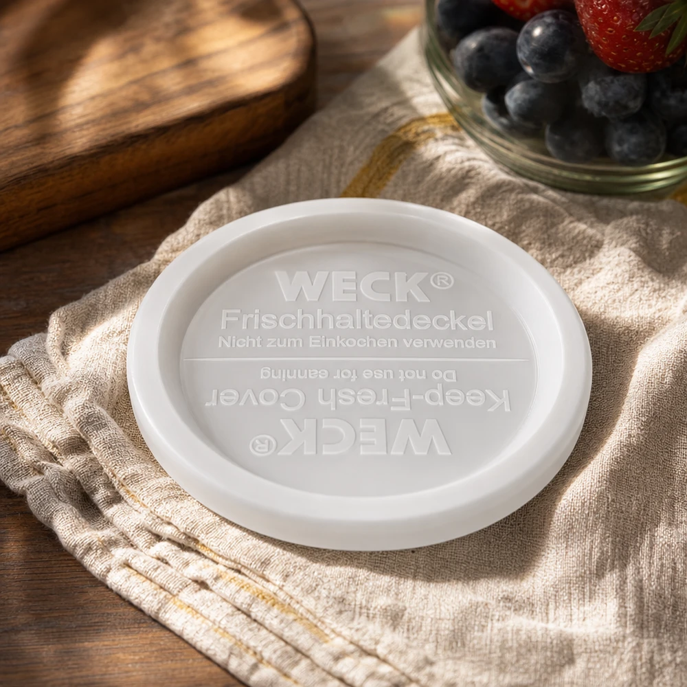 Tapa de conservación WECK RR120 WECK keep-fresh lid RR120 Cuadro de estilo de vida sobre tela de lino con bol de bayas y tabla de madera Decoración de cocina