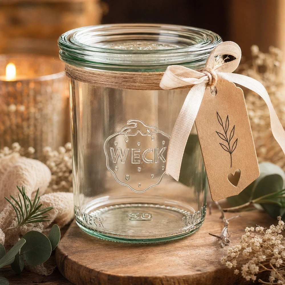 Tarro de cristal de 160 ml con tapa de cristal WECK RR60 WECK RR60 Tarro de cristal de 160 ml en caja de regalo con etiqueta y lazo en un ambiente acogedor con vela