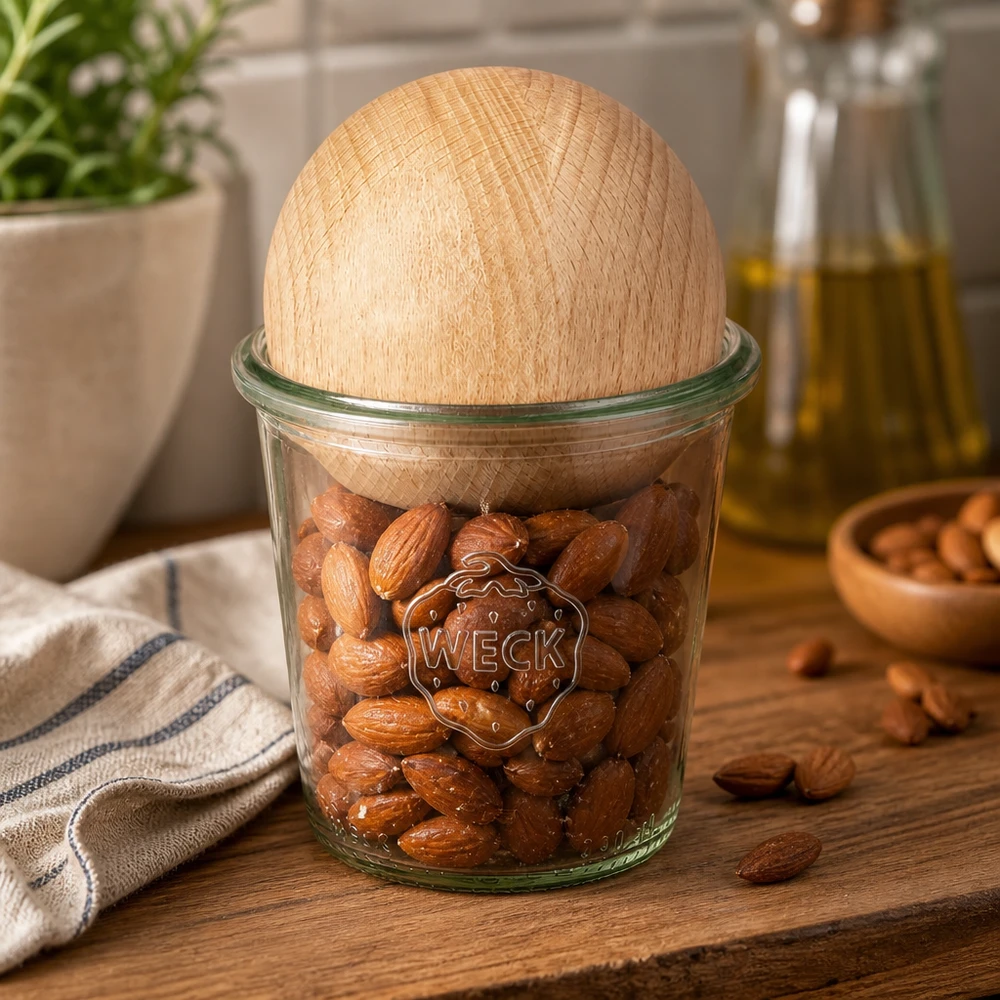 Vasos altos de 290 ml WECK RR80 con bola de madera de haya Vasos WECK 290ml RR80 rellenos de almendras y tapa de bola de haya sobre tabla de madera en un ambiente de cocina natural