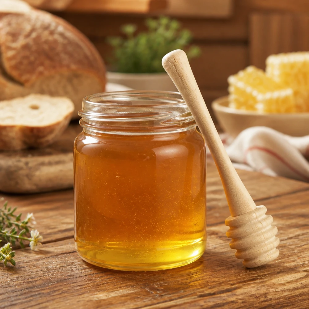 La cuchara de miel de madera de arce en tarro con miel natural muestra un uso práctico en un entorno de cocina acogedor